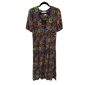 Coco Blanco Dress Womens 12 Black Tropical Print Rayon Button Front Rayon VTG